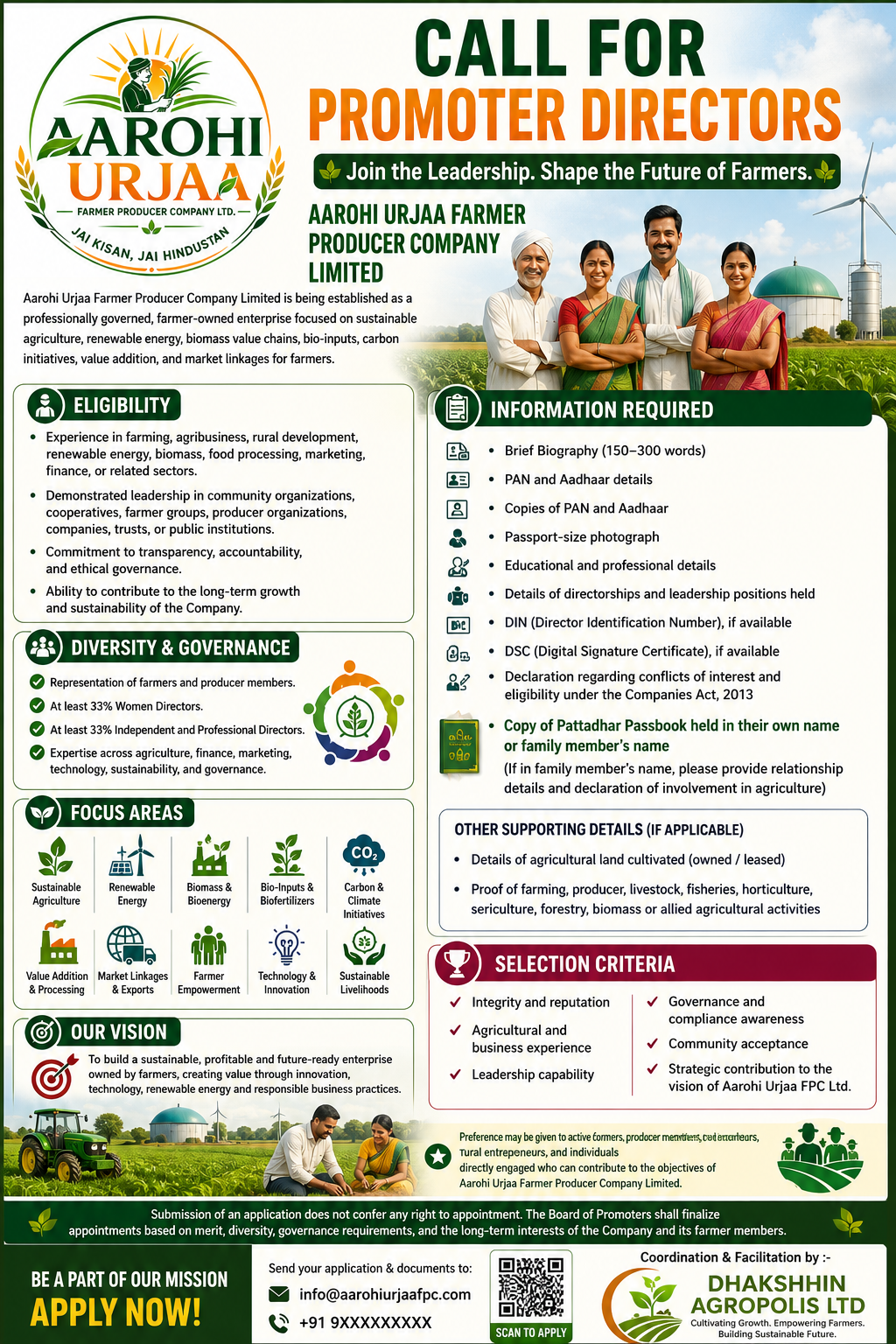 Aarohi Urjaa Farmer Producer Company Limited — Call for Promoter Directors. Eligibility, diversity & governance, focus areas, information required, selection criteria and how to apply. Coordination and facilitation by Dhakshhin Agropolis Ltd.