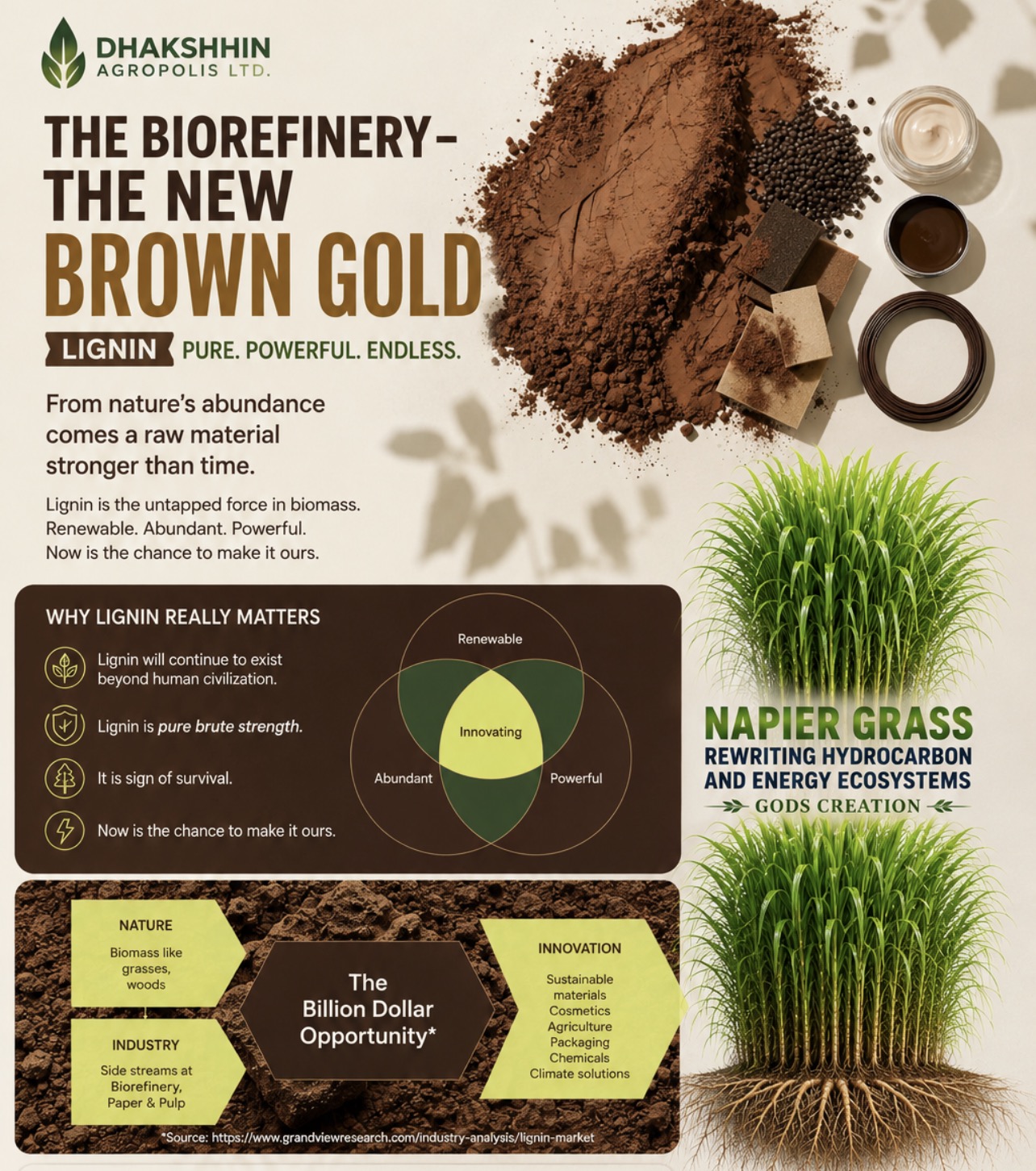 The Biorefinery — the new Brown Gold. Lignin is pure, powerful, endless. Napier grass rewriting hydrocarbon and energy ecosystems.
