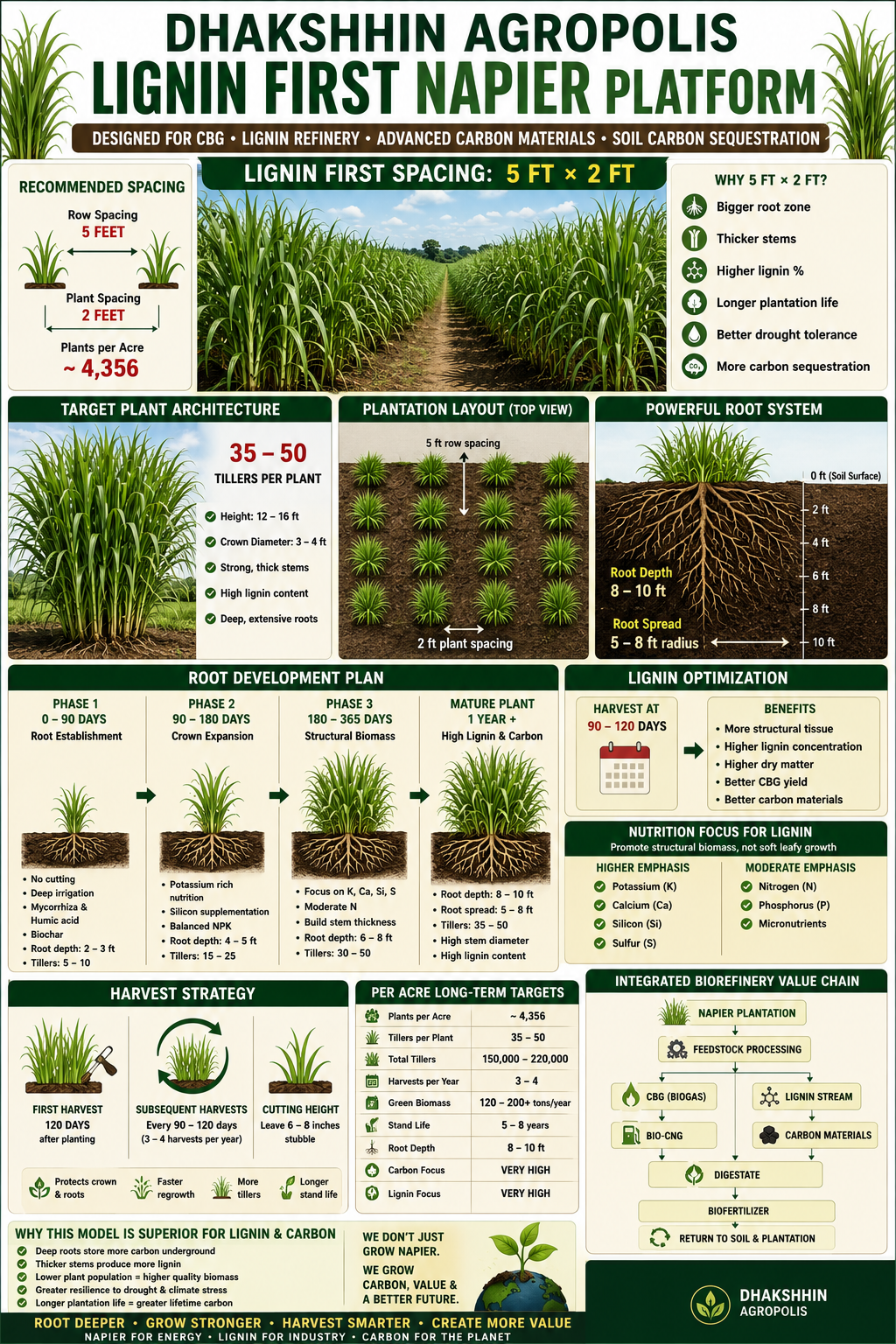 Lignin-first Napier platform poster showing spacing, root development, harvest strategy and integrated biorefinery value chain