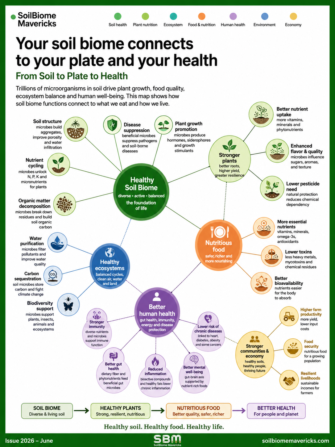 Soil biome system map showing how healthy soil supports healthy ecosystems, stronger plants, nutritious food, better human health and stronger communities and economy.
