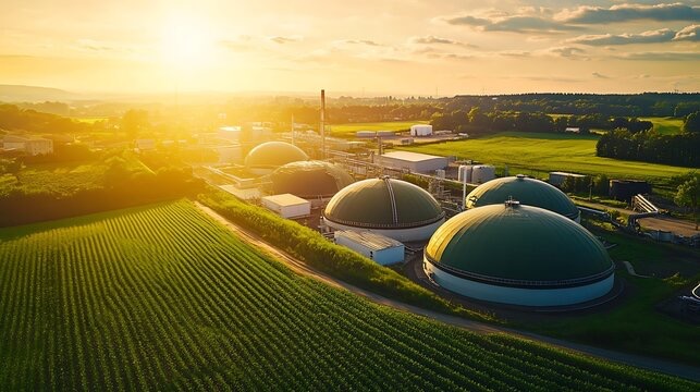 Aerial view of CBG biorefinery units at sunset — Mission Energy Independent India by 2040, Farm to Pump