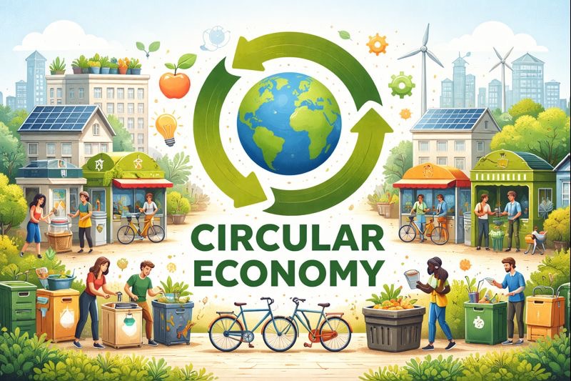Illustration of a community circular economy with renewable energy, recycling, urban farming, and shared mobility