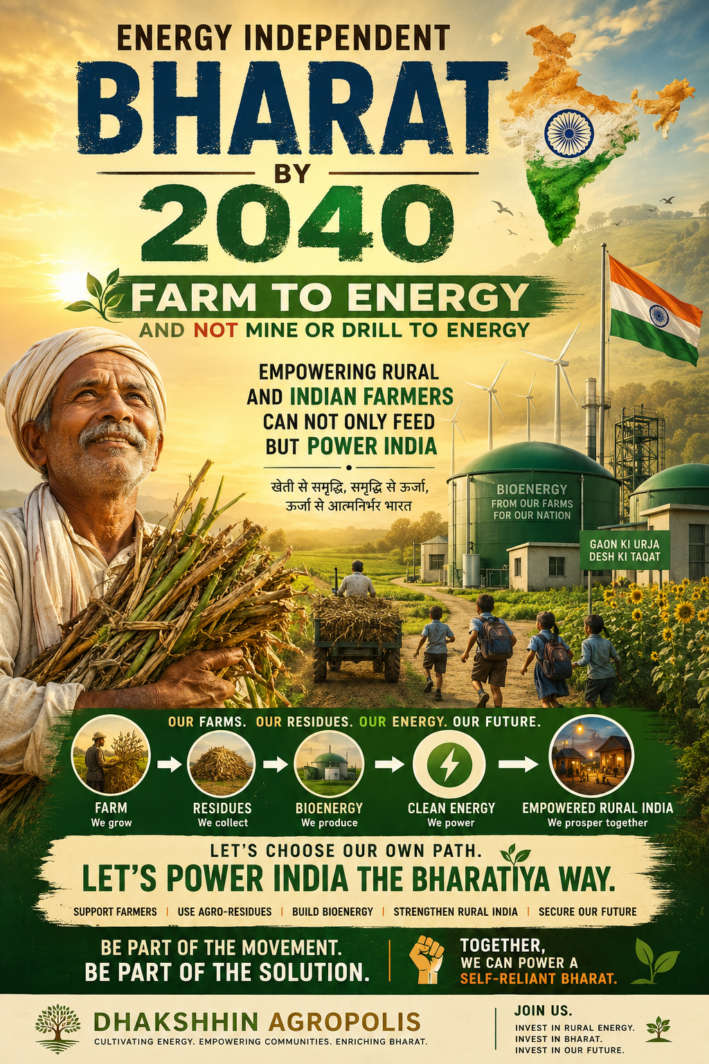 Energy Independent Bharat by 2040 — Farm to Energy movement poster