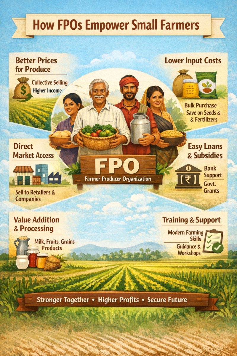 How FPOs empower small farmers — collective selling, bulk inputs, market access, loans, value addition, training