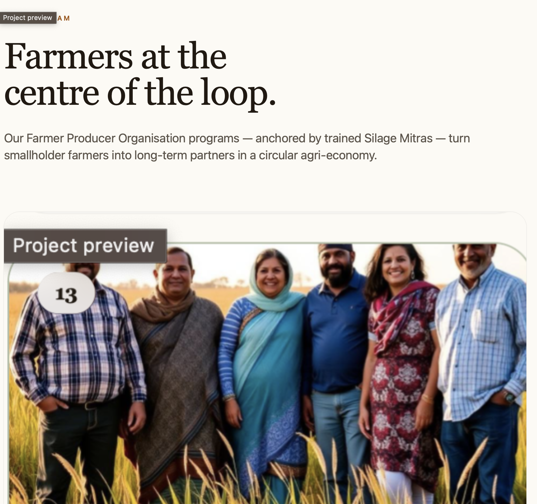 FPO farmer collective — six members standing together in a ripening crop field
