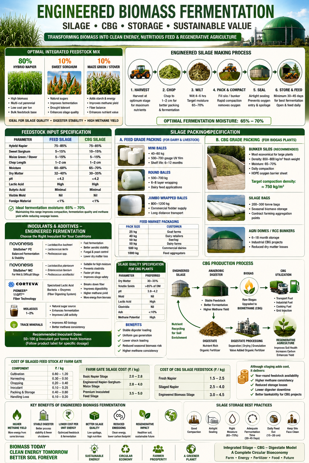 Engineered biomass fermentation poster showing silage feedstock mix, packing specifications, fermentation process, CBG production and digestate recycling