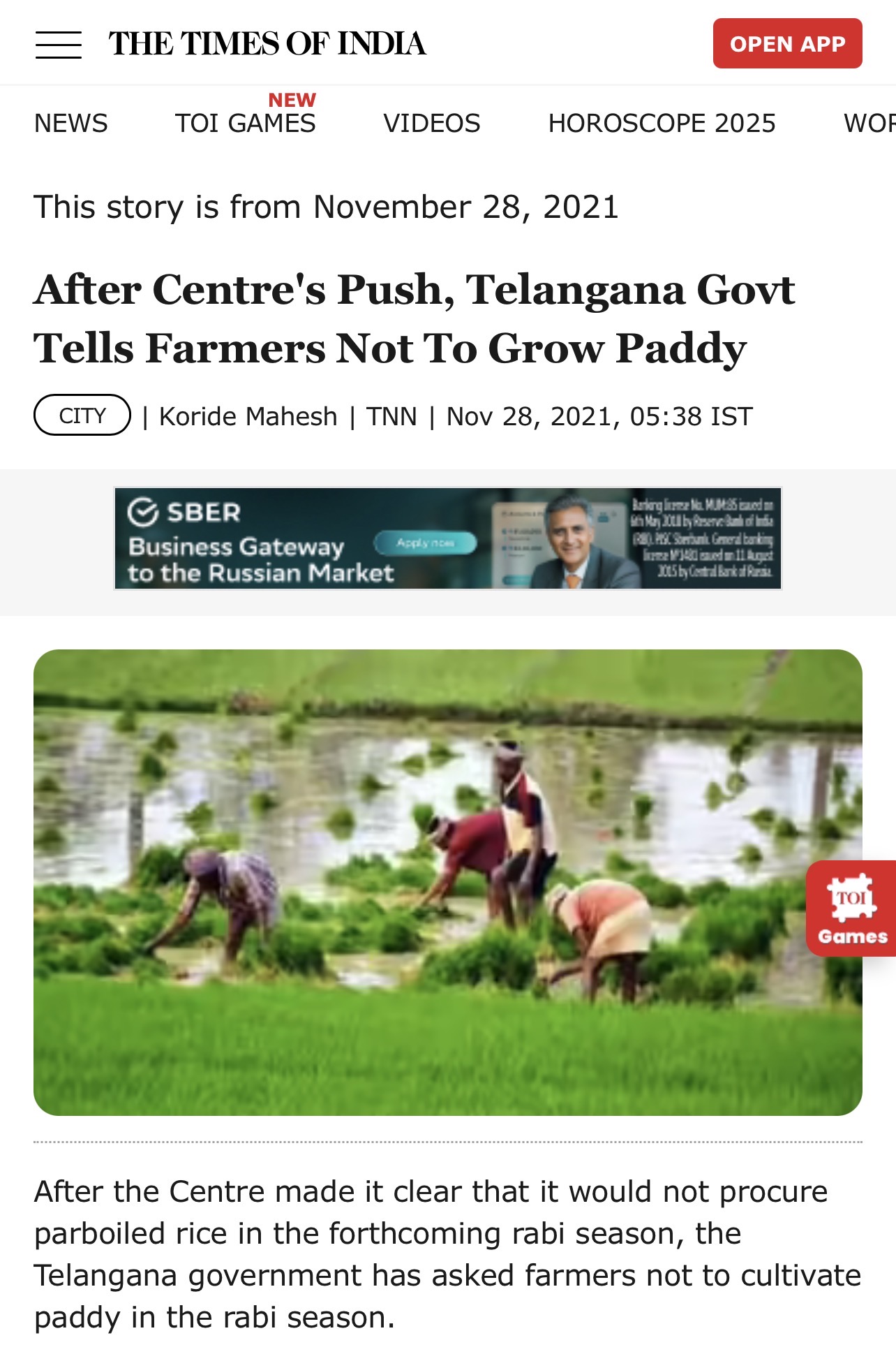 Times of India clipping about the Telangana government asking farmers not to grow paddy in the rabi season