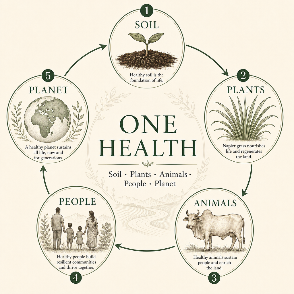 One Health poster — Soil, Plants, Animals, People, Planet as one connected cycle